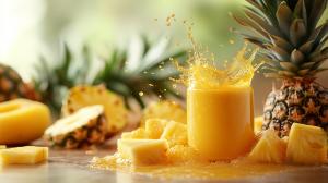 A vibrant splash of pineapple juice with fresh fruit, perfect for tropical or health-themed presentations.

