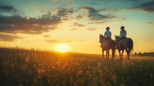 A tranquil sunset scene with two horseback riders silhouetted against a vibrant sky.

