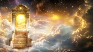 A grand staircase leading to a glowing archway amidst clouds and stars, symbolizing a journey to another realm.

