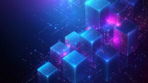 This image showcases glowing cubes in a digital landscape with vibrant blue and pink lights. 

