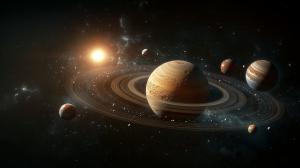 A captivating cosmic scene featuring multiple planets and a glowing sun in a vast space setting.

