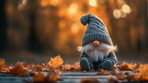 A whimsical gnome sits among autumn leaves in a warm, inviting setting.

