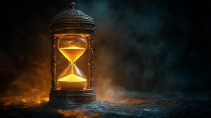 A glowing hourglass against a dark smoky background, symbolizing the passage of time.

