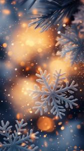 A dreamy winter background with snowflakes and warm bokeh lights in blue and amber hues. 

