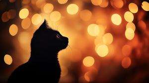 A silhouette of a cat against a warm, glowing bokeh background.

