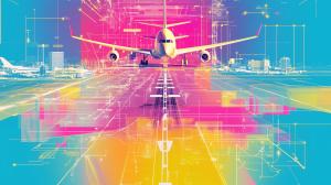An abstract, colorful representation of an airplane on a runway, symbolizing modern aviation and technology.

