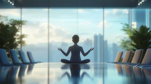 A person meditates in a modern conference room with a city skyline view.

