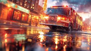 A fire truck splashes through rain-soaked streets, illuminated by city lights, conveying urgency and action.


