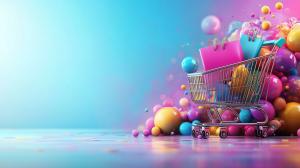 A colorful shopping cart surrounded by vibrant spheres, perfect for retail or marketing presentations.


