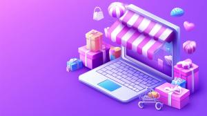 A vibrant illustration of a laptop with a virtual store, surrounded by colorful gifts and festive elements.

