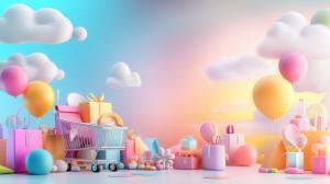 A colorful festive scene with balloons, gifts, and a shopping cart against a vibrant background.