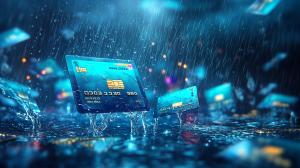 A dramatic scene of credit cards submerged in water with rain, reflecting vibrant blue tones.

