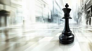 A black chess king piece in a blurred cityscape, symbolizing strategy and control.

