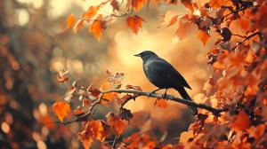 A dark bird perched on a branch surrounded by vibrant autumn leaves.


