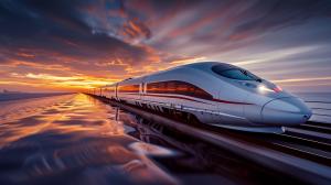 A high-speed train racing over water at sunset, showcasing modern design and vibrant colors.


