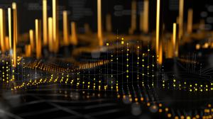 A dynamic abstract data visualization with yellow and orange elements on a dark background.

