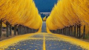 A scenic road lined with vibrant yellow trees in autumn, creating a serene and inviting atmosphere. 

