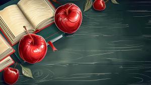 A vibrant background featuring red apples and open books on a dark wooden surface. 

