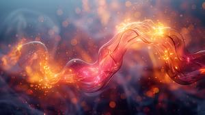 A vibrant abstract design with flowing lines and glowing particles in warm colors.

