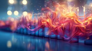 This image showcases colorful wisps of light around glass test tubes, creating a dynamic and vibrant atmosphere. 

