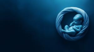 A tranquil image of a sleeping baby wrapped in a textured blue background, evoking peace and innocence.

