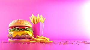 This image showcases a colorful hamburger and fries against a pink background, perfect for food-themed presentations.

