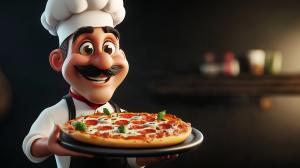 A cheerful cartoon chef proudly holds a pizza in a cozy kitchen setting.

