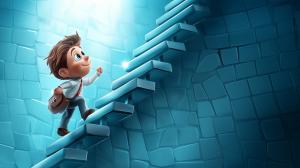 A cartoon boy climbs stairs, symbolizing ambition and progress in a bright blue environment. 

