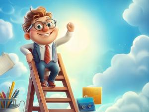 A cheerful character on a ladder, symbolizing achievement against a bright, cloud-filled sky. 


