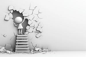 This image shows a character breaking through a cracked wall, symbolizing overcoming obstacles.

