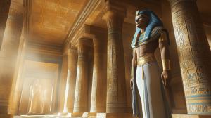 A majestic Egyptian temple interior featuring a pharaoh and intricate hieroglyphics.

