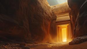 A golden-lit ancient entrance in a canyon, showcasing intricate carvings and a mystical atmosphere.


