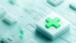 This image depicts a green medical cross on a light abstract background, symbolizing health and technology. 

