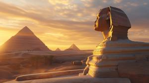 A sunset view of the Great Sphinx and pyramids, showcasing ancient Egyptian architecture and landscape.

