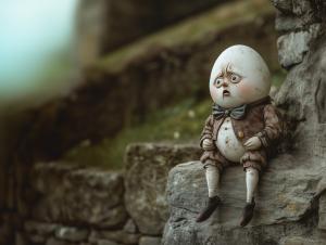A whimsical Humpty Dumpty  egg character with a distressed expression sitting on a stone wall.