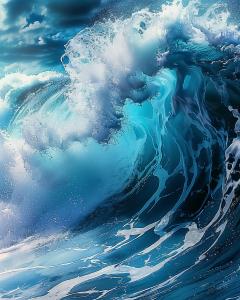 A dynamic blue wave crashing with frothy details against a dramatic sky. 

