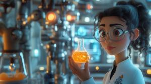 A young scientist holding a glowing flask in a futuristic laboratory setting. 

