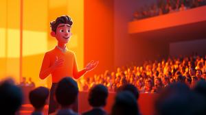 A young animated speaker engages a captivated audience with vibrant colors and expressive gestures. 

