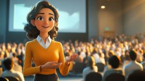 A cheerful animated woman engages an audience in a presentation setting. 

