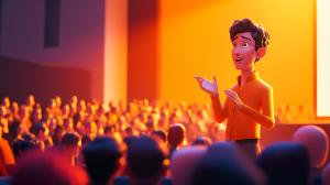 A vibrant animated scene of a speaker engaging a large audience with warm lighting.


