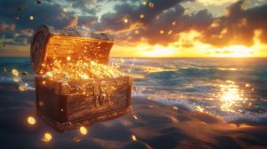 A treasure chest overflowing with gold coins on a beach at sunset, creating a vibrant and inviting atmosphere.

