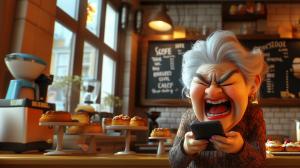 A humorous elderly woman reacts dramatically while using her smartphone in a cozy café setting. 

