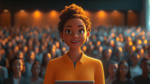 A cheerful animated speaker in front of a blurred audience with warm lighting.


