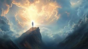 A solitary figure on a mountain peak illuminated by radiant light, symbolizing triumph and self-discovery.

