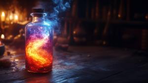 A mystical bottle with swirling cosmic colors, set in a dimly lit alchemical environment. 

