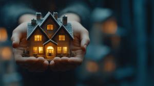A warm, illuminated miniature house held in hands, surrounded by a snowy background.

