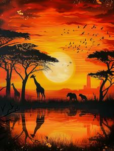 A vibrant sunset over an African landscape with silhouettes of wildlife and trees reflected in water. 

