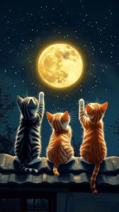 A whimsical scene of three cats reaching for a glowing moon on a starry night.

