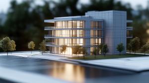 A modern architectural rendering of a sleek multi-story building with glass windows and warm lighting. 

