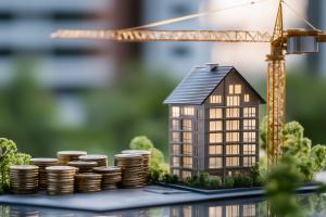 A miniature house model with coins and a crane, symbolizing real estate investment and construction.

